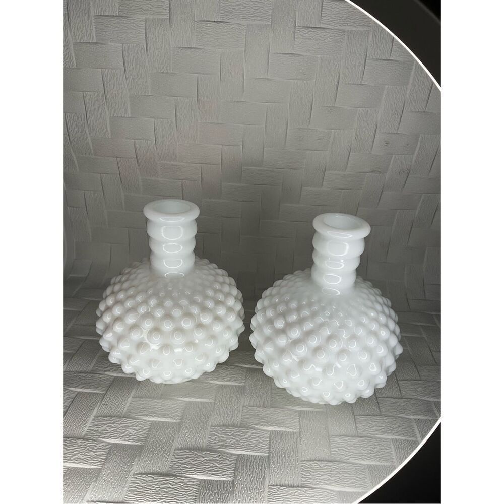 Milk Glass Hobnail Round Ribbed 5" Bud Set of 2 Vases Barber’s Perfume Bottle - Picture 12 of 12
